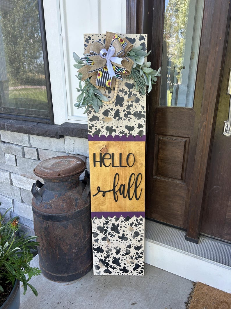 Hello Fall porch sign with cow print and burlap bow